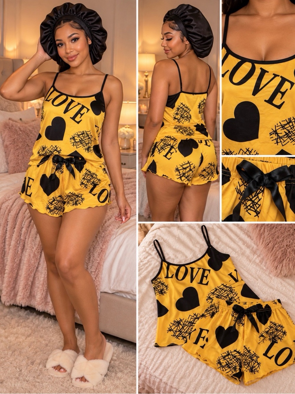 Women's Yellow 'Love' Sleep Set with Black Heart Print Sz Medium